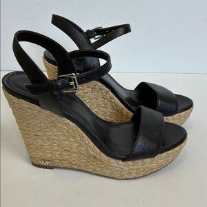 Michael Michael Kors Espadrille Wedge Sandal Black Pebble Leather Sz 6 Vacation